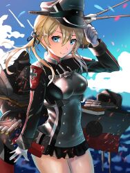 1girl anchor_hair_ornament black_skirt blonde_hair blue_sky breasts collar day gloves hair_between_eyes hair_ornament hat kantai_collection large_breasts long_hair long_sleeves low_twintails metal_collar microskirt military_hat military_uniform outdoors peaked_cap pleated_skirt prinz_eugen_(kancolle) rigging sakana_u_u skirt sky smile twintails white_gloves