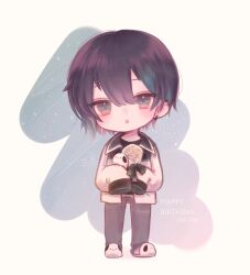 animal_slippers black_hair black_pants bouquet chestnut_mouth chibi chibi_only flower full_body hair_between_eyes highres jacket long_sleeves looking_at_viewer mayuzumi_kai mi_oxo_9m nijisanji open_mouth pants short_hair sleeves_past_fingers sleeves_past_wrists slippers solo virtual_youtuber white_jacket