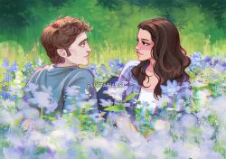 Rule 34 | 1boy, 1girl, artist name, blue shirt, blush, brown eyes, brown hair, day, edward cullen, field, flower, flower field, grass, grey shirt, isabella swan, long hair, looking at another, luztapiaart, open clothes, open shirt, outdoors, plaid clothes, plaid shirt, shirt, short hair, twilight, twilight (series), watermark, white shirt