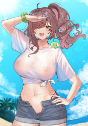 Rule 34 | 1girl, a888 n22, absurdres, ahoge, arm up, beach, bikini, bikini bottom only, blue sky, blush, breasts, brown hair, covered erect nipples, cowboy shot, day, denim, denim shorts, drill hair, eyes visible through hair, fang, fisheye, furrowed brow, green eyes, hair ornament, hairclip, hand on own hip, highres, horizon, indie virtual youtuber, large breasts, long hair, looking at viewer, lowleg, lowleg bikini, midriff, miori celesta, mogu (miori celesta), multicolored hair, navel, nipples, open clothes, open fly, open mouth, open shorts, outdoors, parted bangs, red bikini, red hair, scrunchie, see-through clothes, see-through shirt, shirt, short shorts, short sleeves, shorts, side drill, sky, slime (creature), smile, solo, stomach, sweat, swimsuit, swimsuit under clothes, tied shirt, two-tone hair, unaligned breasts, unbuttoned, virtual youtuber, white shirt, wrist scrunchie