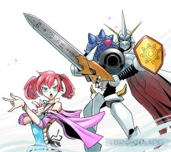 Rule 34 | 1boy, 1girl, :o, bishoujo senshi sailor moon, breasts, digimon, digimon story: cyber sleuth, hair ornament, hairpin, hairstyle connection, highres, jacket, jewelry, long hair, looking at viewer, necklace, omegamon, parody, pose imitation, shiramine nokia, sword, tsuki ni kawatte oshioki yo, twintails, weapon