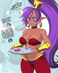 1girl blue_eyes breasts cake cake_slice colored_skin dark-skinned_female dark_skin earrings english_text food green_eyes green_hair green_skin jewelry large_breasts long_hair ninelean pants pointy_ears purple_hair raised_eyebrow rottytops shantae shantae_(series) short_hair sky_(shantae) very_long_hair zombie