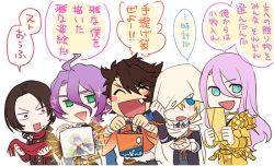 10s 5boys aqua_eyes armor bag blue_eyes blush brown_hair cloak earrings enmto envelope gold_armor hachisuka_kotetsu japanese_clothes jewelry kasen_kanesada kashuu_kiyomitsu letter long_hair male_focus merchandise messy_hair mole mole_under_mouth multiple_boys mutsu-no-kami_yoshiyuki ponytail purple_hair red_eyes red_scarf scarf smile sparkle touken_ranbu yamanbagiri_kunihiro