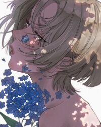 1girl blonde_hair blue_flower bob_cut closed_mouth crying crying_with_eyes_open flower green_eyes highres looking_to_the_side original short_hair solo tamori_(tamori_www) tears white_background