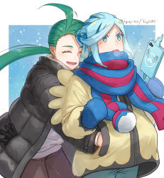 1boy 1girl ahoge aqua_eyes artist_name blue_hair blue_mittens blue_scarf brown_pants closed_eyes commentary_request creatures_(company) game_freak gen_4_pokemon green_hair grusha_(pokemon) hand_in_another&#039;s_pocket highres jacket long_hair long_sleeves lower_teeth_only mittens nintendo object_in_pocket open_clothes open_jacket open_mouth pants pocket pokemon pokemon_sv ponytail rika_(pokemon) rotom rotom_phone scarf shirt snowing striped_clothes striped_scarf teeth twitter_username yellow_jacket yuu_(hguy_sv)