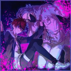 2boys ahoge aizendai aotsuki_eito black_gloves black_pants black_shoes blood blood_splatter blue_eyes blue_outline covering_own_mouth drawstring full_body glasses gloves grey_hair grey_jacket hand_on_another&#039;s_chest hand_over_own_mouth highres hood hoodie jacket kneeling male_focus multicolored_hair multiple_boys outline pants red_hair shoes short_hair sitting streaked_hair sumino_takumi the_hundred_line_-last_defense_academy- thigh_strap white_hoodie white_jacket white_pants white_shoes