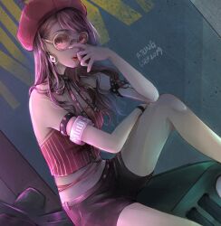 1girl a.tong ace_(playing_card) ace_of_spades adjusting_eyewear arm_on_thigh armband armlet bare_legs belt beret black_belt black_bow black_bowtie black_shorts bow bowtie bracelet brown_hair car card clothes_writing dated earrings elbow_on_knee expressionless feet_out_of_frame gold_earrings grey_shirt hair_over_shoulder hat hoop_earrings jewelry knee_up knees lipstick long_hair makeup motor_vehicle nikki_(series) on_car open_mouth pink_armband playing_card playing_card_earrings red-tinted_eyewear red_hat red_lips red_tube_top round_eyewear see-through_clothes see-through_sleeves shining_nikki shirt short_shorts short_sleeves shorts signature sitting solo spade_(shape) spiked_armlet strapless striped_clothes stylist_(nikki) sunglasses tinted_eyewear tube_top vertical-striped_clothes vertical-striped_tube_top wavy_hair yellow-framed_eyewear