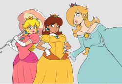 3girls aqua_dress blonde_hair blue_eyes brooch brown_hair crown dark-skinned_female dark_skin dress earrings elbow_gloves flipped_hair gloves hair_over_one_eye hands_on_own_hips jewelry kseg3501 long_hair mario_(series) medium_hair mini_crown multiple_girls nintendo off-shoulder_dress off_shoulder parasol pink_dress princess_daisy princess_peach puffy_short_sleeves puffy_sleeves rosalina selfie short_sleeves star_(symbol) star_brooch star_earrings umbrella white_gloves yellow_dress