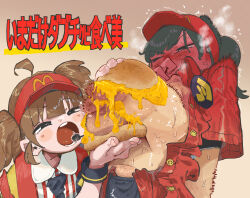 2girls absurdres ahoge black_eyes black_hair blush breasts brown_hair cheese commentary_request earpiece food full-face_blush girlfriend_(yoru_mac) hat highres imadake_dabuchi_tabemi large_breasts long_hair mcdonald&#039;s multiple_girls necktie nipples one_eye_closed open_mouth president_r18 sweat teeth translation_request trembling twintails variant_set visor_cap yoru_mac yuri