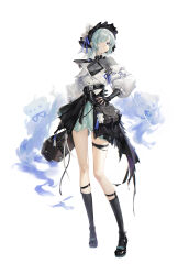 1girl absurdres aqua_hair aqua_skirt black_gloves black_skirt black_socks fingerless_gloves full_body ghost gloves hair_over_one_eye hand_on_own_hip highres one_eye_covered original simple_background skirt socks solo white_background youngmoon_99