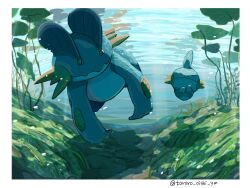 ^_^ air_bubble border bubble closed_eyes game_freak gen_3_pokemon highres light_rays mudkip nintendo no_humans plant pokemon pokemon_(creature) pokemon_focus shadow swampert swimming tororo_oishi_ym twitter_username underwater white_border