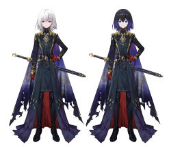 Rule 34 | 1boy, absurdres, androgynous, arm at side, azu-taro, belt, belt buckle, black belt, black boots, black coat, blue eyes, boots, buckle, cape, closed mouth, coat, crescent, full body, gem, gloves, gold trim, hair between eyes, hand on own hip, high-low coat, highres, indie virtual youtuber, light smile, long sleeves, looking at viewer, male focus, medium hair, multiple views, official art, purple cape, purple gemstone, purple hair, red coat, red eyes, red gloves, roi noir, sheath, sheathed, sleeves past wrists, solo, standing, starry sky print, straight-on, sword, tachi-e, thigh boots, torn cape, torn clothes, turtleneck, two-sided coat, two-sided fabric, variations, virtual youtuber, weapon, white hair