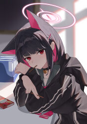 1girl absurdres animal_ears black_choker black_hair black_jacket blue_archive cat_choker cat_ears cat_girl choker colored_inner_animal_ears colored_inner_hair elbow_on_table extra_ears food food_in_mouth green_sailor_collar halo highres hood hood_down indoors inori_mai jacket kazusa_(blue_archive) long_sleeves looking_at_viewer multicolored_hair neckerchief pink_hair pink_halo pink_neckerchief pocky pocky_in_mouth red_eyes sailor_collar solo window_shadow