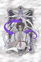 Rule 34 | 1boy, absurdres, belt, black belt, black pants, brown hair, chest harness, closed mouth, collared shirt, cthulhu mythos, hand up, harness, heathcliff (project moon), highres, kalliope orc, limbus company, long sleeves, looking at viewer, male focus, mh&#039;ithrha, necktie, pants, parted bangs, project moon, purple eyes, purple nails, red necktie, shirt, tongue, tongue out, white shirt