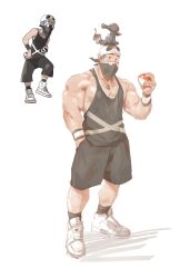Rule 34 | 1boy, absurdres, alternate muscle size, bandana, bandana over mouth, bara, biceps, black bandana, black shorts, black socks, black tank top, blue eyes, blue hair, broad shoulders, gen 7 pokemon, highres, holding, holding poke ball, hoonzino, jewelry, male focus, muscular, muscular male, necklace, nintendo, pectoral cleavage, pectorals, poke ball, pokemon, pokemon sm, reference inset, salandit, shiny skin, shoes, shorts, sidepec, skull necklace, skull print, sneakers, socks, tank top, team skull grunt, white background, white shoes, wristband
