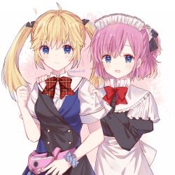 2girls :d ahoge black_bow black_dress black_jacket blue_eyes blue_jacket blush bow bowtie buttons clenched_hand closed_mouth commentary cowboy_shot double-breasted dress eyelashes frown grisaia_(series) grisaia_no_kajitsu hair_between_eyes hair_bow half_updo hand_up hands_on_another&#039;s_shoulders highres jacket juliet_sleeves komine_sachi long_hair long_sleeves looking_at_viewer maid maid_headdress matsushima_michiru medium_hair multicolored_jacket multiple_girls natsuno_st open_mouth ponytail puffy_sleeves red_bow red_bowtie sailor_collar school_uniform serafuku shirt short_ponytail short_sleeves simple_background smile squiggle tareme thick_eyebrows twintails twitter_username two-tone_jacket white_background white_sailor_collar white_shirt