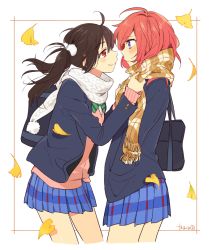 10s 2girls adjusting_scarf ahoge autumn bag black_hair blazer blush border bow closed_mouth cowboy_shot face-to-face falling_leaves from_side hair_bobbles hair_ornament hand_in_pocket imminent_kiss jacket karuha leaf long_hair long_sleeves love_live! love_live!_school_idol_project miniskirt multiple_girls nishikino_maki plaid_clothes plaid_skirt pom_pom_(clothes) purple_eyes red_eyes red_hair scarf school_bag school_uniform short_hair shoulder_bag signature skirt smile twintails white_background wind yazawa_nico yuri