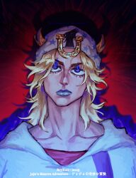 1boy absurdres beanie blonde_hair blue_eyes blue_lips closed_mouth collarbone commentary english_commentary flaming_eye hat highres hood hood_down hoodie horse_print horseshoe_hat_ornament horseshoe_ornament johnny_joestar jojo_no_kimyou_na_bouken male_focus medium_hair portrait reykun solo star_(symbol) star_print steel_ball_run upper_body white_hat white_hoodie