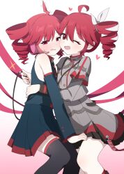 2girls absurdres ahoge animal_collar belt black_belt black_shirt black_skirt black_sleeve_cuffs black_sleeves black_thighhighs blush bow buttons cheek-to-cheek collar detached_sleeves double-breasted drill_hair dual_persona embarrassed feet_out_of_frame flat_chest full-face_blush gradient_background grey_jacket grey_skirt hagoonha hair_between_eyes hair_bow hair_ribbon hand_on_another&#039;s_back headphones heads_together heart highres holding holding_leash jacket kasane_teto kasane_teto_(sv) kasane_teto_(utau) layered_skirt layered_sleeves leash long_sleeves looking_to_the_side microphone multiple_girls musical_staff musical_staff_print one_eye_closed open_mouth red_background red_belt red_eyes red_hair red_socks red_trim ribbon shirt shoulder_belt shoulder_boards sitting skirt sleeveless sleeveless_shirt socks striped_clothes striped_jacket striped_skirt synthesizer_v thighhighs twin_drills utau white_background white_bow white_ribbon