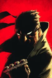 1boy absurdres black_hair boku_no_hero_academia brass_knuckles clenched_hand coat fingerless_gloves gloves highres knuckleduster_(boku_no_hero_academia) mask mature_male red_background scar scar_on_face trench_coat vigilante_-boku_no_hero_academia:_illegals- weapon wilwal2020