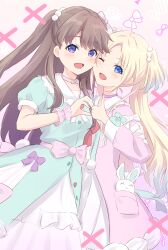 2girls :d ;d absurdres blonde_hair blue_eyes blue_hair bow brown_hair candy cheek-to-cheek choker commentary dress fang food food-themed_background frilled_dress frills fujishima_megumi gradient_hair green_dress hair_bobbles hair_ornament hair_ribbon hakuchu_a_la_mode_(love_live!) hanazora_satsuki hand_up heads_together heart heart_choker heart_hands_failure heart_o-ring heart_ring_choker highres in_pocket light_blue_hair link!_like!_love_live! long_hair long_sleeves love_live! mira-cra_park! multicolored_dress multicolored_hair multiple_girls o-ring o-ring_choker official_alternate_costume one_eye_closed open_mouth osawa_rurino parted_bangs pink_background pink_choker pink_dress puffy_short_sleeves puffy_sleeves purple_eyes ribbon sailor_collar sailor_dress short_sleeves skin_fang smile stuffed_animal stuffed_rabbit stuffed_toy thumbs_up twintails two_side_up virtual_youtuber waist_bow white_dress white_ribbon white_sailor_collar x_x