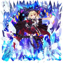 1girl alternate_costume asymmetrical_legwear black_thighhighs blonde_hair bow breath claw_pose clothing_request crystal crystal_wings fingernails flandre_scarlet footwear_bow game_cg hair_ornament hairpin hat highres holding holding_stuffed_toy ice long_fingernails long_hair long_sleeves looking_at_viewer mismatched_legwear mob_cap multicolored_wings multiple_hairpins official_art one_side_up open_mouth red_bow red_eyes red_nails red_skirt rotte_(1109) shoes side_ponytail skirt smile solo stuffed_animal stuffed_toy tail teddy_bear thighhighs third-party_source touhou touhou_lostword transparent_background white_thighhighs wings