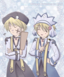 2boys arch_bishop_(ragnarok_online) black_choker black_coat black_hat blonde_hair blue_background blue_coat choker closed_eyes coat commentary_request cross cross_choker cross_of_prontera crossed_arms dated_commentary facepaint hagoita happy_birthday hat hat_ornament headdress holding holding_paddle holding_paintbrush jacket long_sleeves male_focus multiple_boys newsboy_cap open_mouth paddle paintbrush ragnarok_online sharari short_hair skull_hat_ornament smile white_jacket