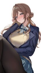 1girl absurdres black_pantyhose blazer blue_eyes blue_jacket blue_ribbon blue_skirt blush breasts brown_hair gakuen_idolmaster hatsuboshi_gakuen_school_uniform highres himesaki_rinami idolmaster jacket large_breasts long_hair long_sleeves looking_at_viewer neck_ribbon open_mouth pantyhose ribbon school_uniform shaffelli shirt simple_background skirt solo sweater white_background white_shirt yellow_sweater