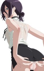 1girl akinoya ass ass_focus bare_shoulders black_choker black_skirt breasts cameltoe chainsaw_man choker clothes_lift hair_bun highres looking_at_viewer miniskirt panties partially_visible_vulva reze_(chainsaw_man) shirt simple_background skirt skirt_lift sleeveless sleeveless_shirt small_breasts underwear white_background white_panties white_shirt