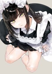 Rule 34 | 1girl, animal ears, apron, black dress, black hair, breasts, calves, closed mouth, dress, expressionless, fang, frilled apron, frills, green eyes, highres, long hair, long sleeves, maid, maid headdress, medium breasts, original, rabbit ears, sidelocks, sitting, skin fang, socks, solo, torii yoshitsuna, white apron, white socks, yokozuwari