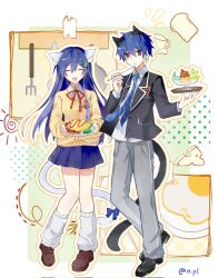 1boy 1girl animal_ears black_shoes blue_hair blue_necktie blue_skirt brown_eyes brown_shoes cardigan cat_ears cat_tail closed_eyes collared_shirt date_a_live food full_body genderswap genderswap_(mtf) hair_ornament highres itsuka_shido itsuka_shiori jacket long_hair long_sleeves looking_at_viewer neck_ribbon necktie omelet omurice open_mouth pants pen_tzbzm pleated_skirt raizen_high_school_uniform ribbon school_uniform shirt shoes short_hair skirt smile tail white_shirt