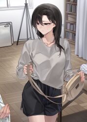 1girl 1other bag black_eyes black_hair black_shorts bookshelf breasts collarbone commentary_request grey_shirt hair_between_eyes handbag highres holding holding_bag indoors long_hair looking_to_the_side medium_breasts original out_of_frame parted_lips sabotensuteeki shirt shorts sweatdrop