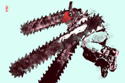 1boy chainsaw chainsaw_man denji_(chainsaw_man) hybrid looking_to_the_side midair no_eyes open_mouth sakae_(cj60909002) sharp_teeth simple_background solo spot_color teeth white_background