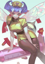 1girl abdomen_tail arthropod_girl bee_girl between_legs black_eyes black_pantyhose black_sclera blue_hair breasts capsule colored_sclera darkstalkers hand_between_legs hat heart highres insect_girl insect_wings large_breasts large_syringe looking_at_viewer monster_girl no_pupils nurse nurse_cap oversized_object pantyhose pill poch4n q-bee short_hair short_sleeves simple_background sitting smile stinger syringe uniform white_background wings