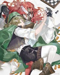 1girl aleph_(reverse:1999) black_mask black_shorts black_vest boots brown_boots brown_hair cape chess_piece chessboard covered_face facing_viewer foot_out_of_frame green_cape green_eyes green_hat hand_up hat high_heels highres long_hair lying lying_on_another on_back on_side open_clothes open_vest pants pantyhose profile recoleta_(reverse:1999) red_hair reverse:1999 shirt short_hair short_shorts shorts solo vest vvv_rendez white_background white_pants white_pantyhose white_shirt