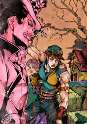 1girl 2boys araki_hirohiko_(style) armband belt birthmark black_hair blue_shirt bow bowtie branch closed_mouth cloud erina_pendleton facial_hair flower green_eyes hat highres holding holding_branch house joestar_birthmark jojo_no_kimyou_na_bouken jonathan_joestar looking_at_viewer male_focus multiple_belts multiple_boys muscular muscular_male mustache outdoors pants phantom_blood pink_hair pink_theme raatha2909 shirt short_hair signature sleeveless smile striped_clothes striped_pants top_hat tree triangle_print two-tone_shirt union_jack_print will_anthonio_zeppeli wristband yellow_shirt