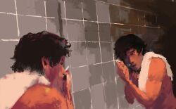 1boy bathroom black_hair highres holding holding_razor looking_at_mirror mirror original painting_(medium) razor reflection shaving slow_d solo tile_wall tiles topless_male towel traditional_media