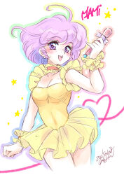Rule 34 | 1girl, absurdres, character name, choker, creamy mami, dated, dress, frilled choker, frills, highres, holding, holding microphone, idol, kisaragi miyuki, mahou no tenshi creamy mami, microphone, morisawa yuu, pink eyes, pink hair, scrunchie, signature, solo, star (symbol), yellow dress, yellow scrunchie