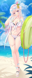 Rule 34 | 1girl, airani iofifteen, alternate costume, beach, bikini, blue hair, blue sky, bow hairband, breasts, cleavage, closed mouth, cloud, commentary, cumulonimbus cloud, eyewear on head, feet, frilled bikini, frills, front-tie bikini top, front-tie top, full body, gluteal fold, gradient hair, green hairband, grey hair, hair bun, hairband, hand up, highleg, highleg bikini, holding, holding swim ring, hololive, hololive indonesia, innertube, jacket, large breasts, long hair, long sidelocks, looking at viewer, multi-strapped bikini bottom, multicolored hair, navel, ocean, off shoulder, outdoors, pink hair, pink hairband, polka dot, polka dot bikini, purple eyes, round eyewear, sandals, short-sleeved jacket, short sleeves, side ponytail, side up bun, sidelocks, sky, smile, solo, standing, sunglasses, swim ring, swimsuit, symbol-only commentary, thigh gap, toes, two-tone hairband, virtual youtuber, white bikini, white jacket, yano mitsuki (nanairo)
