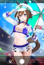 1girl absurdres alternate_costume animal_ears arm_up artist_name black_hair blue_choker blue_eyes blurry blurry_background breasts brown_hair checkered_clothes checkered_skirt cheval_grand_(umamusume) choker cleavage commentary confetti crop_top ears_through_headwear fake_screenshot gloves hat highleg highres holding holding_umbrella horse_ears horse_girl horse_tail jacket large_breasts looking_at_viewer manhattan_cafe_(umamusume) microskirt midriff multicolored_hair navel open_mouth peaked_cap race_queen short_hair skirt solo stomach streaked_hair symbol-only_commentary tail thighs translucent ugohato umamusume umbrella upper_body viewfinder white_gloves white_hair white_hat white_jacket yellow_eyes
