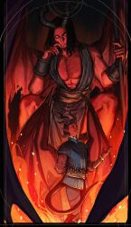 Rule 34 | 2boys, baldur&#039;s gate, baldur&#039;s gate 3, black border, black hair, black horns, black sclera, black shirt, blue jacket, border, character request, check character, closed mouth, collarbone, colored sclera, colored skin, commentary, demon boy, demon horns, demon tail, demon wings, dungeons & dragons, dungeons &amp; dragons, english commentary, feet out of frame, fire, glowing, glowing eyes, hand up, highres, holding, holding polearm, holding weapon, horns, jacket, light particles, long sleeves, looking at viewer, male focus, medium hair, multiple boys, muscular, muscular male, orange sash, pants, pectoral cleavage, pectorals, pointy ears, polearm, raphael (baldur&#039;s gate), red skin, red sleeves, red wings, shirt, sitting, skull belt, smile, tail, tworain w, weapon, wings, yellow eyes