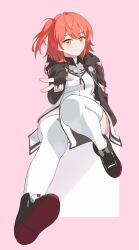 1girl ankle_boots arknights black_boots black_gloves boots chinese_commentary closed_mouth colored_shoe_soles commentary english_commentary exusiai_(arknights) exusiai_the_new_covenant_(arknights) fingerless_gloves full_body gloves harutatsunoki highres knee_up looking_at_viewer medium_hair mixed-language_commentary one_side_up orange_hair outstretched_arm outstretched_hand pink_background shoe_soles simple_background sitting smile solo thighhighs w white_thighhighs yellow_eyes