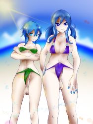 2futa bikini blue_eyes blue_hair breasts bulge erection erection_under_clothes fairy_tail flatpancakesjim futanari hair_ornament hairclip highres juvia_lockser large_breasts looking_at_viewer medium_breasts multiple_futa penis precum precum_through_clothes sinon smile smirk swimsuit sword_art_online thick_thighs thighs twintails