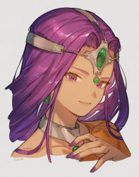 1girl asymmetrical_dress circlet cropped_shoulders dark-skinned_female dark_skin dragon_quest dragon_quest_iv dress earrings fingernails forehead_jewel gem green_gemstone hand_up herayoshi highres jewelry light_smile long_hair looking_at_viewer minea_(dq4) nail_polish neck_ring parted_bangs purple_eyes purple_hair purple_nails single_bare_shoulder single_sleeve solo sphere_earrings