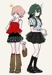 Rule 34 | 2girls, arimura mao, belt buckle, black shoes, black skirt, black socks, boots, bracelet, buckle, camisole, closed mouth, dee (tannsumi), earrings, finger to mouth, flower bracelet, flower earrings, full body, gakuen idolmaster, green eyes, green hair, grey shirt, hair over shoulder, hair ribbon, highres, idolmaster, index finger raised, jewelry, knee boots, kneehighs, long hair, looking at viewer, low twintails, miniskirt, multiple girls, own hands together, pink hair, pleated skirt, polka dot, polka dot skirt, puffy short sleeves, puffy sleeves, red camisole, red socks, ribbon, ring, shirt, shoes, short hair, short sleeves, simple background, skirt, socks, tsukimura temari, twintails, white background
