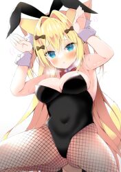 1girl :t animal_ear_fluff animal_ears arms_up black_leotard blonde_hair blue_eyes blush bow bowtie breasts closed_mouth collar copyright_request covered_navel detached_collar fishnet_pantyhose fishnets fox_ears fox_girl fox_tail fuuna_thise hair_between_eyes hair_bow hair_intakes large_breasts leotard motion_lines pantyhose rabbit_pose red_bow red_bowtie simple_background solo squatting strapless strapless_leotard sweat tail virtual_youtuber white_background white_collar wing_collar wrist_cuffs