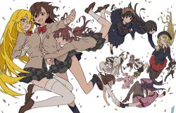 1boy 6+girls :d arm_sling arms_around_waist asymmetrical_docking beret black_hair blazer blonde_hair blue_headwear blue_serafuku blush bow bowtie breast_press breasts brown_eyes brown_footwear brown_hair brown_jacket closed_eyes closed_mouth coin colored_skin confetti dark-skinned_female dark_skin dolly_(toaru_kagaku_no_railgun) doppelganger_(toaru_kagaku_no_railgun) flower frenda_seivelun gloves hair_between_eyes hair_bow hair_flower hair_ornament hat head_wreath highres holding holding_coin hug iizumi_rita jacket kouzaku_mitori kuriba_ryouko large_breasts loafers long_hair long_sleeves looking_at_another looking_at_viewer making-of_available mask miniskirt misaka_mikoto mouth_mask multicolored_hair multicolored_skin multiple_girls neckerchief necktie nurse_cap open_mouth parted_bangs plaid_clothes plaid_skirt pleated_skirt red_neckwear red_skirt sailor_collar sakugawa_school_uniform sakuragi_naruha saten_ruiko school_uniform seike_taroumaru serafuku shirai_kuroko shoes shokuhou_misaki short_hair siblings sidelocks sisters skirt smile socks surgical_mask sweatdrop teruya_(6w6y) thighhighs toaru_kagaku_no_railgun toaru_kagaku_no_railgun_t toaru_majutsu_no_index toaru_majutsu_no_index_gaiden:_toaru_kagaku_no_accelerator toaru_majutsu_no_index_gaiden:_toaru_kagaku_no_mental_out tokiwadai_school_uniform twintails uiharu_kazari very_long_hair waist_hug white_background white_bow white_gloves white_hair white_legwear yakumaru_itsuki yumiya_rakko zettai_ryouiki