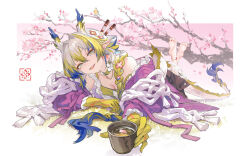 Rule 34 | 1girl, aqua eyes, arknights, bare shoulders, blending, blonde hair, blue hair, blue horns, border, braid, breasts, camisole, cherry blossoms, choker, cleavage, colored extremities, colored skin, colored tips, commentary, commission, cup, dot nose, dragon girl, dragon horns, dragon tail, eastern dragon horns, eastern dragon tail, english commentary, eyeliner, falling petals, feet up, food, fruit, fruit earrings, grass, hair intakes, highres, holding, holding cup, horns, long hair, lying, makeup, medium breasts, multicolored hair, official alternate costume, on floor, on grass, on stomach, open mouth, orange eyeliner, peach, petals, seal impression, shu (arknights), shu (spring feast) (arknights), solo, tail, the pose, tree, vvvitc, white border, white horns, yellow camisole, yellow choker, yellow horns, yellow skin, yunomi