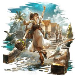 backpack bag bird boots bridge brown_boots brown_vest dress hat octopath_traveler octopath_traveler:_champions_of_the_continent octopath_traveler_i palm_tree seagull thighs_focus tree tressa_(octopath_traveler) tressa_colzione vest white_dress