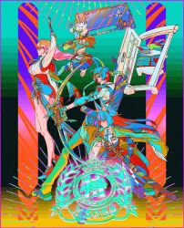 1boy 3girls animal_ears aqua_jacket asaba_harumasa black_hair black_necktie black_skirt blue_horns blue_oni blunt_bangs bow_(weapon) fox_ears fox_girl hair_between_horns headband high-waist_skirt holding holding_bow_(weapon) holding_polearm holding_sword holding_weapon horns hoshimi_miyabi jacket katana long_hair mizu_cx multiple_girls naginata necktie oni pencil_skirt pink_hair polearm quiver shirt skirt soukaku_(zenless_zone_zero) sword tsukishiro_yanagi weapon white_hair white_shirt yellow_headband zenless_zone_zero